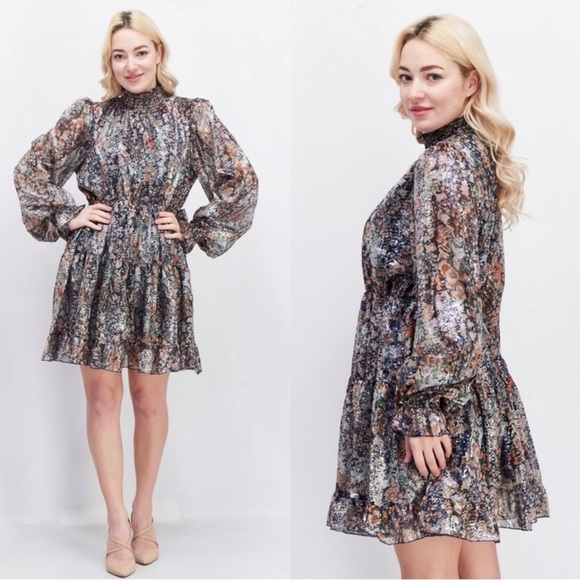 O.P.T Floral Metallic Smock Neck Fit&Flare Long Sleeve Mini Dress Navy Boho XS - Picture 1 of 9
